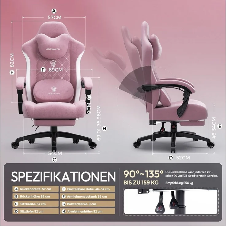 Dowinx Gaming-Stuhl Bürostuhl mit Beheizter Massage Lendenwirbelstütze (Packung), Gamer Stuhl Stoff mit Tasche Frühling Kissen und Fußstütze – Bild 2