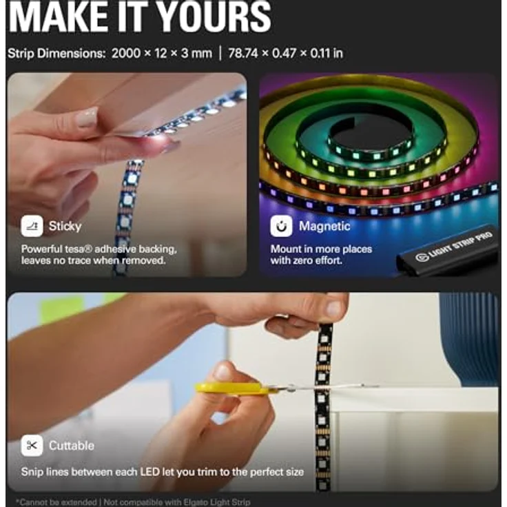 Elgato Light Strip Pro LED-Leuchten, individuell steuerbare RGB-LEDs, KI-Szenen, App-Steuerung auf Mac, PC, iPhone, Android, Stream Deck – Bild 4
