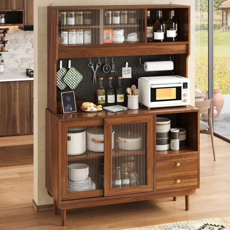 ZUBALIYA Lochplatten-Rückwand / Küchenschrank aus MDF und Spanplatte mit Kiefernholz Füßin, mit küchenbuffet mit Riffelglas-Schiebetüren und schubladen und offenen Fächern, 117.00 x 30.00 x 170.00 cm – Bild 11