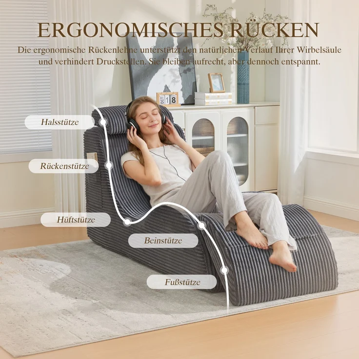 Freizeit-Sessel, Cord mit Seitentasche & ergonomischer Form, 160x66x90 cm, Dunkelgrau – Bild 6