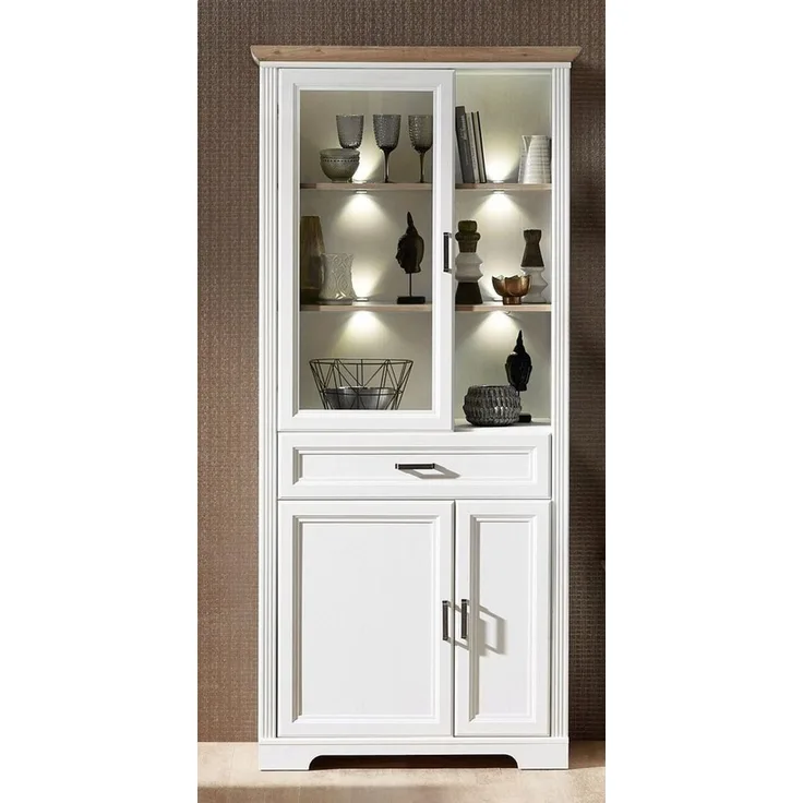 Vitrine JASMIN 2-türig - Landhausstil Pinie weiß mit Beleuchtung