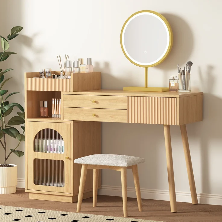 Schminktisch Make-up Tisch Set mit hochauflösendem LED-Spiegel, 3 Schubladen, Seitenschrank mit transparentem Regenbogenglas, Naturfarben – Bild 1