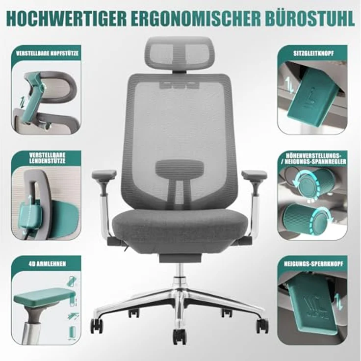COLAMY Ergonomischer Netz-Bürostuhl, Hochleistungs-Computer-Chefschreibtischstuhl mit verstellbarem Kopfstütze und 4D-Armlehnen, Schiebesitz, Neigungssperre, Dunkelgrau – Bild 5