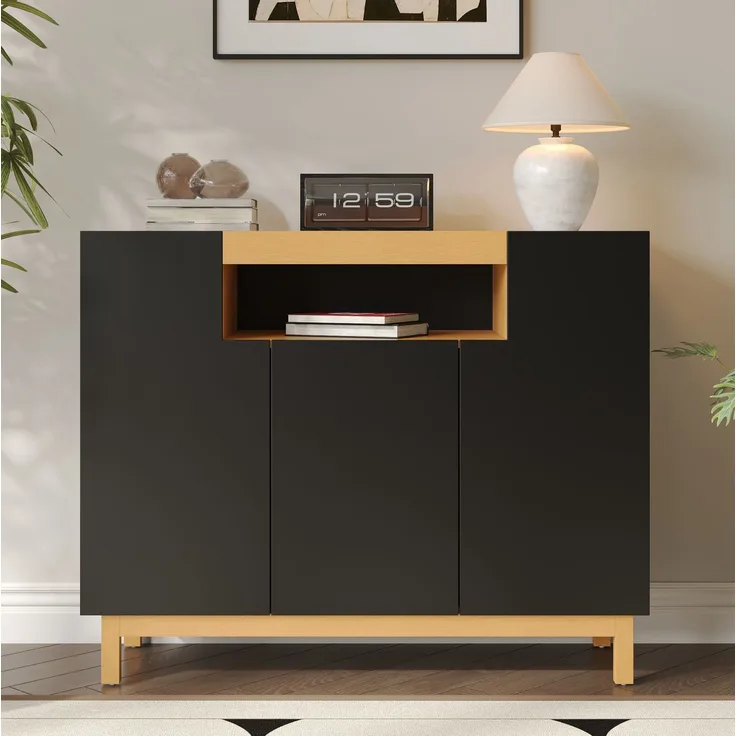DESVIAE Sideboard mit 3 Türen und offenem Fach 120,5x96x42 cm Spanplatte Schwarz