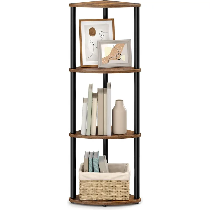 SONGMICS HOME Superschnelle werkzeuglose Montage, Eckregal mit 4 Ebenen, Standregal, Regal, 38,3 x 27 x 104,8 cm, Wohnzimmer, Schlafzimmer, Küche, vintagebraun-tintenschwarz LBC640KD01