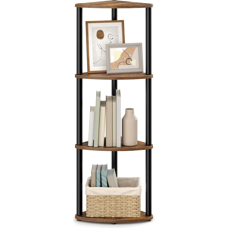 SONGMICS HOME Superschnelle werkzeuglose Montage, Eckregal mit 4 Ebenen, Standregal, Regal, 38,3 x 27 x 104,8 cm, Wohnzimmer, Schlafzimmer, Küche, vintagebraun-tintenschwarz LBC640KD01