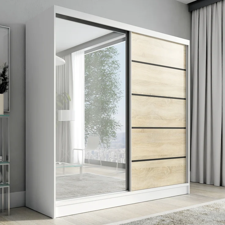 Schwebetürenschrank NERO 2 2-türig Schrank 200 cm (mit Spiegel) Farbe: Weiß , sonoma – Bild 1