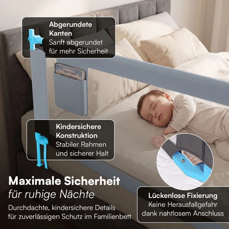 Bellabino 'Drina' Bettschutzgitter mit 2 Sicherheitsgurten, Rausfallschutz klappbar & höhenverstellbar, aus Oxford-Stoff & Metall, 200 cm, hellgrau – Bild 6