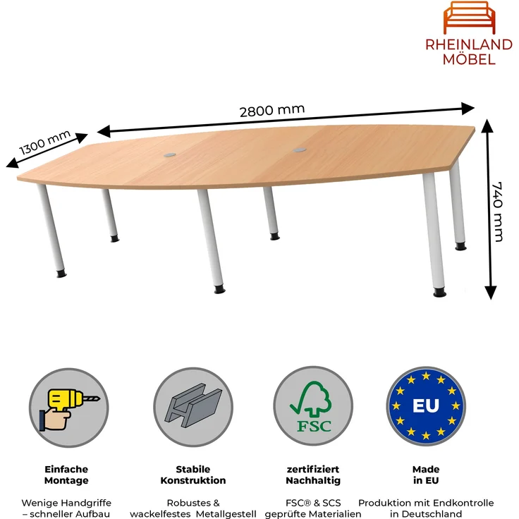 Rheinland Möbel Konferenztisch KONTI 280x130 cm – ovaler Besprechungstisch in Buche mit weißen Rundrohrfüßen & 2 Kabelauslässen, erweiterbarer Meetingtisch für 8–10 Personen, moderner XXL-Tisch fürs Büro – Bild 3