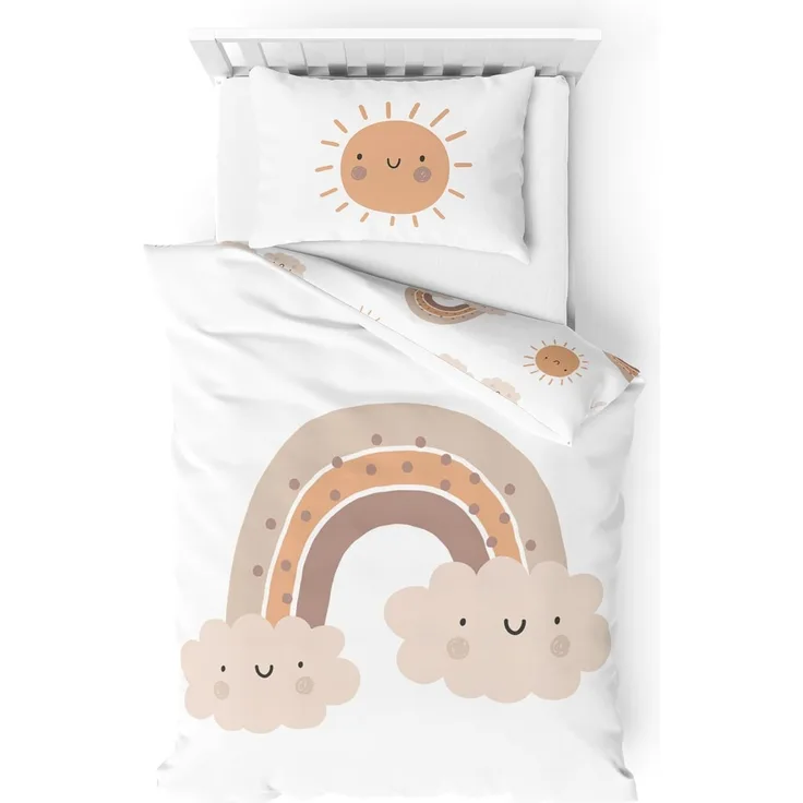 MTOnlinehandel Babybettwäsche Little Sunrise Biber/ Flanell in 100x135 + 40x60 cm, Boho, 100% Baumwolle, 2 teilig, Winterbettwäsche kuschelig und weich, Regenbögen und Sonne, weiß