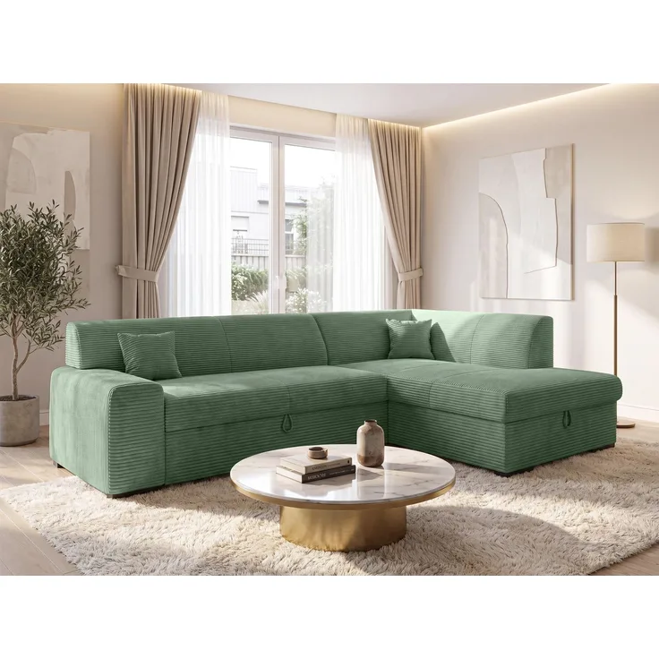 AX LIVING Eckschlafcouch mit Bettkasten Lucera 260 cm Salbeigrün R