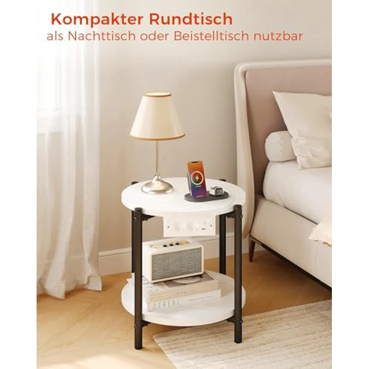 IRONCK Beistelltisch rund, Couchtisch mit Steckdose, Kleiner Tisch Holz, Wohnzimmertisch 2 Ablagen,Sofatisch,USB & Type-C-Anschluss, Metallrahmen, Nachttisch für Schlafzimmer (Weiß, 1 Stück) – Bild 9
