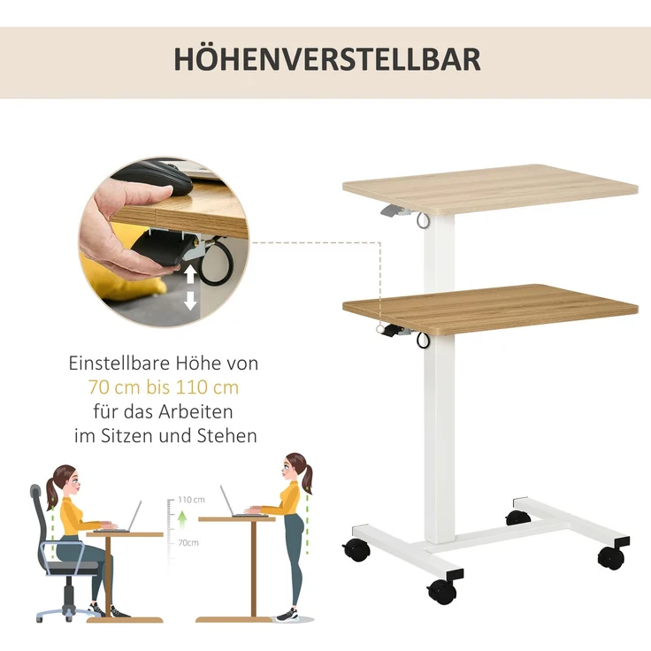 Steh-Sitz Schreibtisch höhenverstellbar mit Rollen C-förmig platzsparend Laptoptisch Natur Weiß 70-110 cm bis 70 kg--Natürlich--65x48x110cm--YOUDENOVA – Bild 4