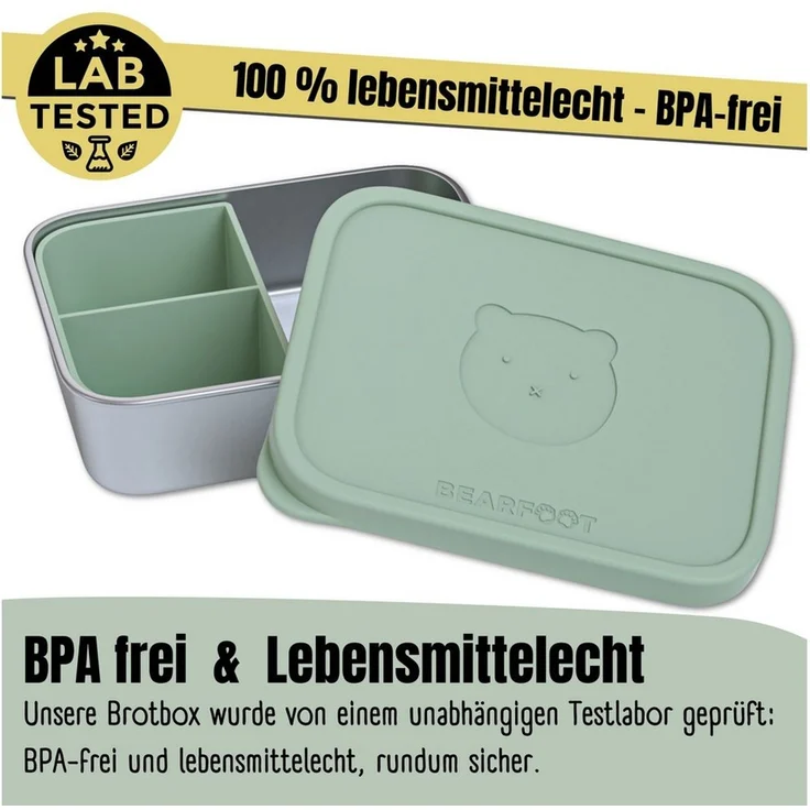 BEARFOOT Lunchbox Brotdose Kinder Edelstahl mit Silikoneinsatz - Salbei, Kindergarten und Schule - Mädchen und Jungen, Vesperbox, Snackbox – Bild 1