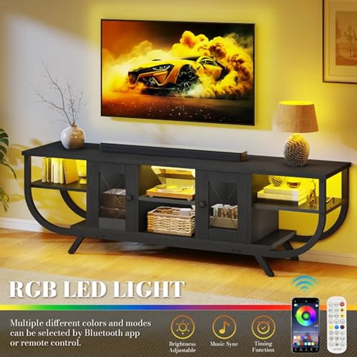 YITAHOME Industrielles TV-Schrank, TV Lowboard für Fernseher bis zu 55 Zoll mit LED-Beleuchtung,Wohnzimmer Fernsehschrank TV Board mit Offenen Stauraum (Schwarz, 140CM) – Bild 3