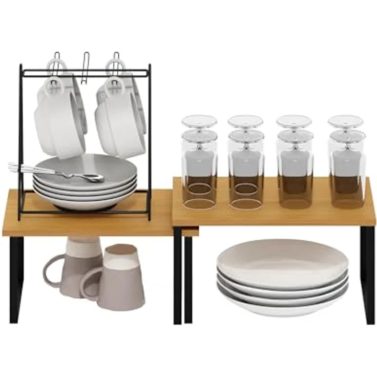 Furinno Ravel Mehrzweck erweiterbare, stapelbare Küchenarbeitsplattenregale, 2er-Set, Buche/Schwarz – Bild 5