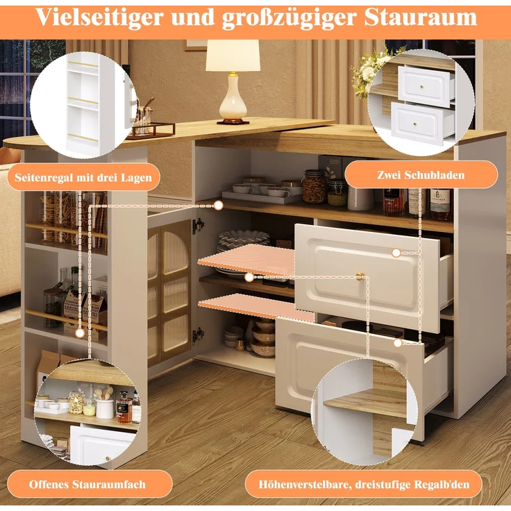 Stehtisch ausziehbar MDF Glastür Schubladen Snackregal 360°-Drehbar Sideboard Küchenwagen Wohnzimmertisch – Bild 7