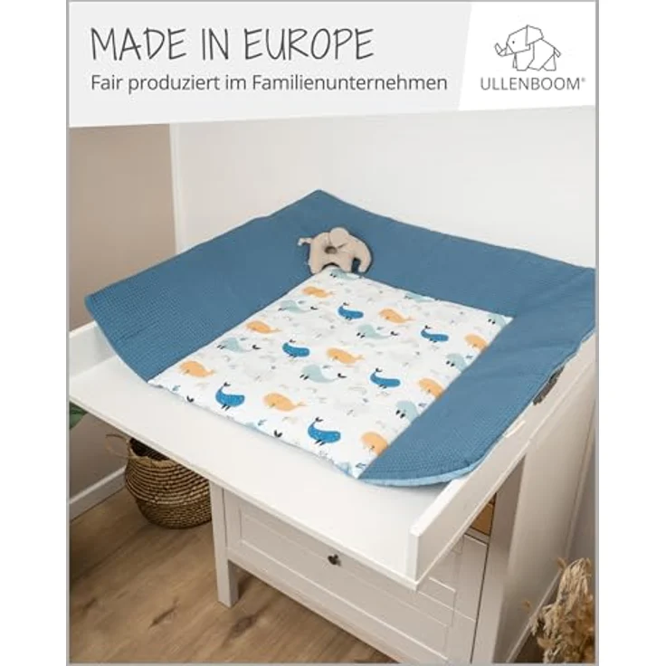 ULLENBOOM ® Wickelauflage 85x75 cm Waffelpiqué Blau Wale (Made in EU) - Wickelunterlage Waschbar und für Unterwegs geeignet, Bezug: 100% OEKO TEX Baumwolle, Wickeltischauflage 75x85 – Bild 5