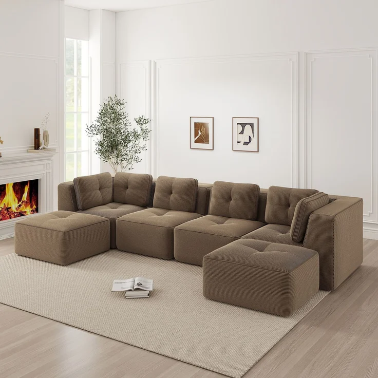EINHOM Modulares Wohnzimmersofa ohne Gestell, modulares Ecksofa, U-förmiges Sofa mit Ottomane, tiefes Schlafsofa, rutschfestes Design, keine Montage erforderlich, braun – Bild 1