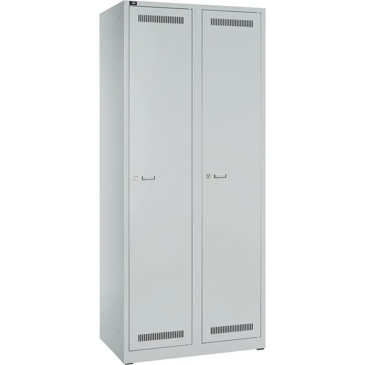 BISLEY Garderobenschrank Light abschließbar mit Belüftungslöchern, Hutboden, Handtuchhalter, Kleiderstange & 3 Haken - Spind mit Schloss in lichtgrau - 2 Abteile, Fachbreite: 400 mm, GL08D1245