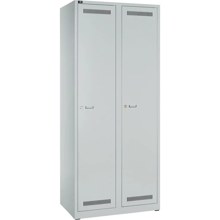BISLEY Garderobenschrank Light abschließbar mit Belüftungslöchern, Hutboden, Handtuchhalter, Kleiderstange & 3 Haken - Spind mit Schloss in lichtgrau - 2 Abteile, Fachbreite: 400 mm, GL08D1245
