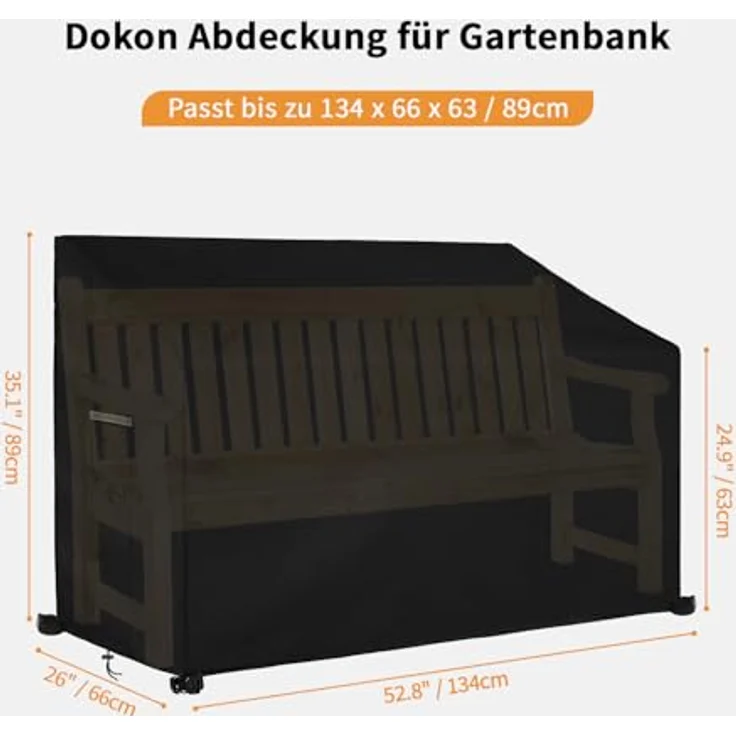 Dokon 2 Sitzer Gartenbank Abdeckung, wasserdicht und winddicht aus robustem Oxford-Gewebe mit Belüftungsöffnungen, Schwarz, 134x66x63/89cm – Bild 2