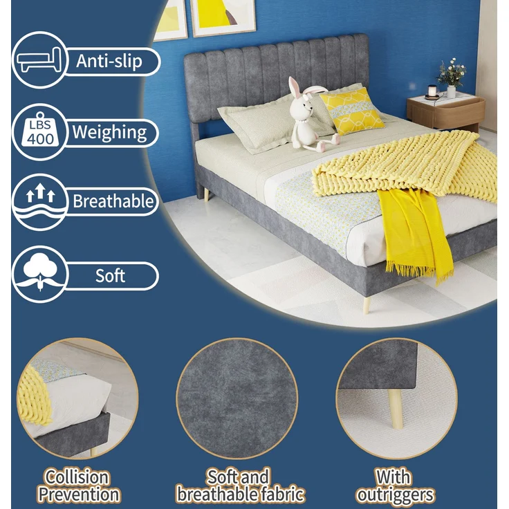 Novelux Polsterbett 140x200 cm mit Weichem Kopfteil – Stabiles Plattformbett aus Holz & Samt Grau, Modernes Minimalistisches Bettgestell ohne Matratze – Bild 3