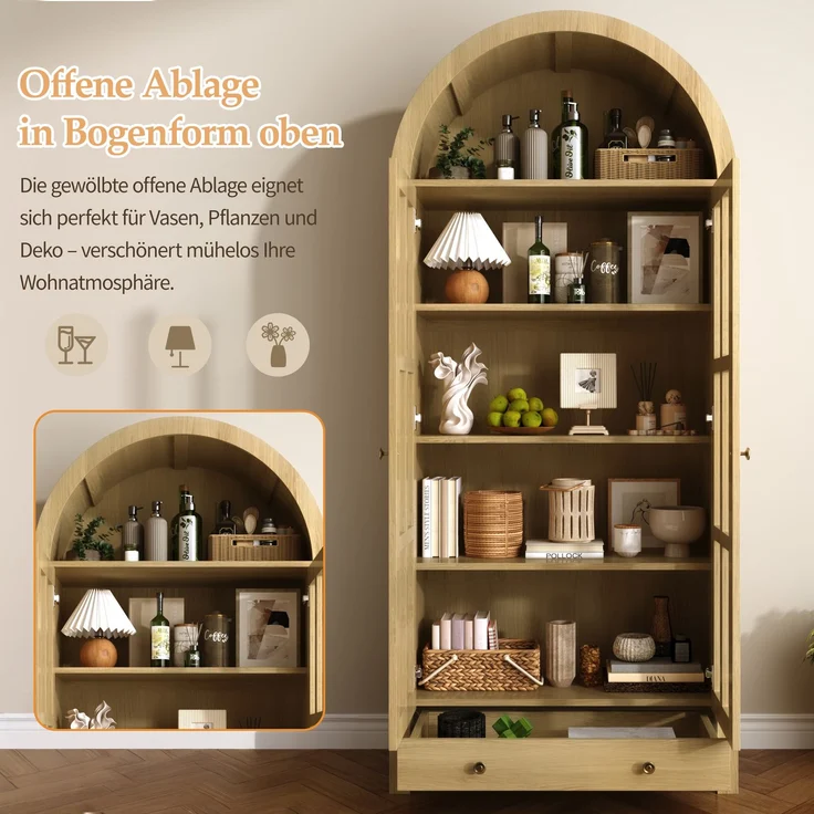 Moderner bogenförmiger Standhochschrank mit mehreren Regalebenen & Schublade – Multifunktionale Vitrine & Regalschrank mit höhenverstellbaren Einlegeböden für Wohnzimmer, Arbeitszimmer und Esszimmer--Natürlich--75x35x170.5cm--YOUDENOVA – Bild 8