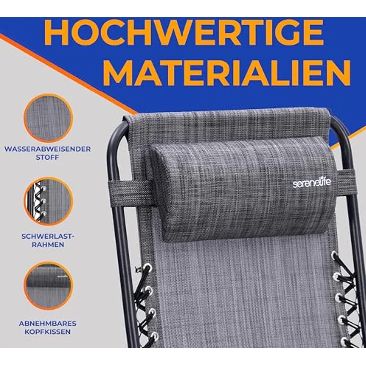 SereneLife Sonnenliege Klappbar 2er Set, Zero Gravity Liegestuhl Garten, bis 120 kg Grau, Verstellbar und Wetterfest, mit Tisch Getränkehalter und Kopfkissen, für Balkon Terrasse Camping Strand Relax – Bild 7