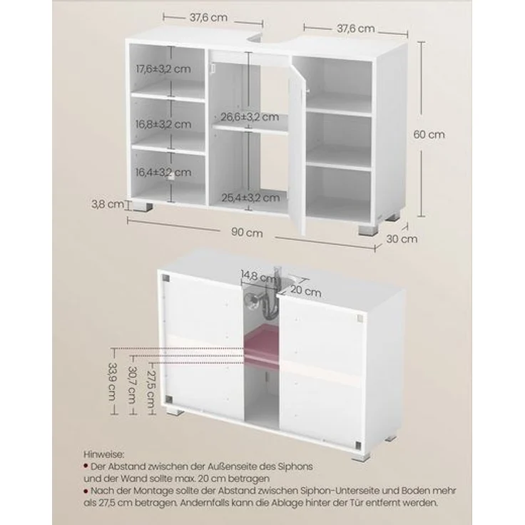 VASAGLE Waschbeckenunterschrank, Unterschrank, Badezimmerschrank, Badschrank mit verstellbaren Ablagen, 30 x 90 x 60 cm, mit Füßen – Bild 5