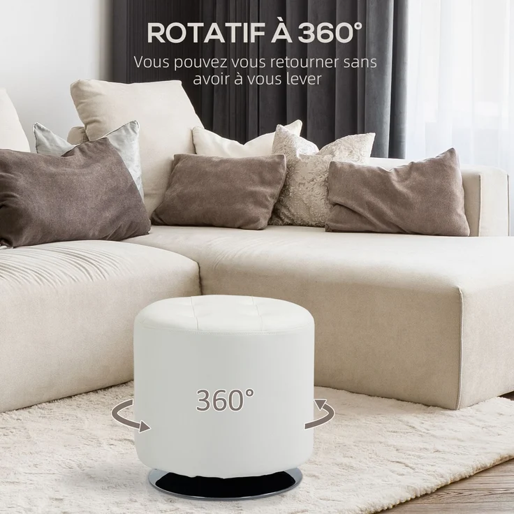 Um 360° drehbare Wohnzimmerschuhbank, runde, mit PU gepolsterte Ottomane mit Stahlgestell, Ø 45,5 x 44,5 cm, weiß – Bild 6