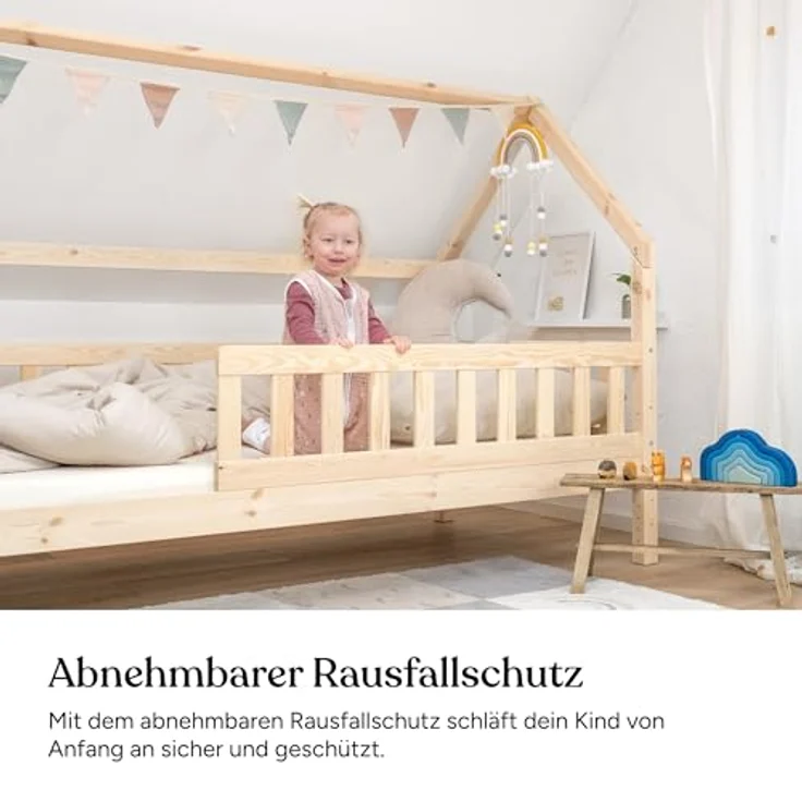 Ehrenkind Hausbett aus nachhaltigem Kiefernholz (mit abnehmbarem Rausfallschutz aus nachhaltigem Holz, Erhältlich in Natur und Weiß Kinderbett 80x160/90x200 cm), höhenverstellbar, nachhaltiges Kiefernholz, hergestellt in Europa – Bild 3