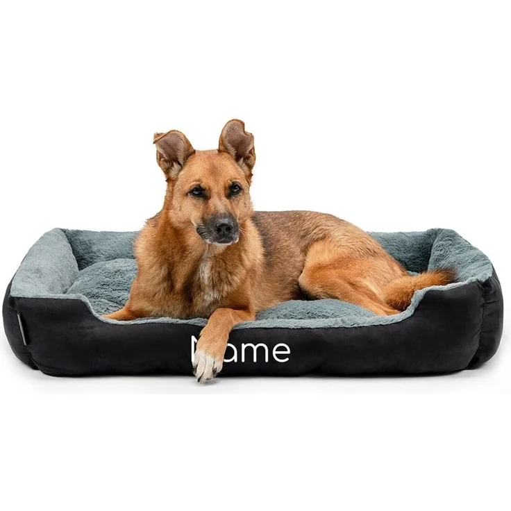 lionto Hundebett mit Wendekissen und Rutschfester Unterseite, Heimtierkissen mit tiefem Einstieg für Hunde und Katzen jeden Alters, 90x70 cm, kuscheliges Hundekissen, schwarz/grau (Namensaufdruck)