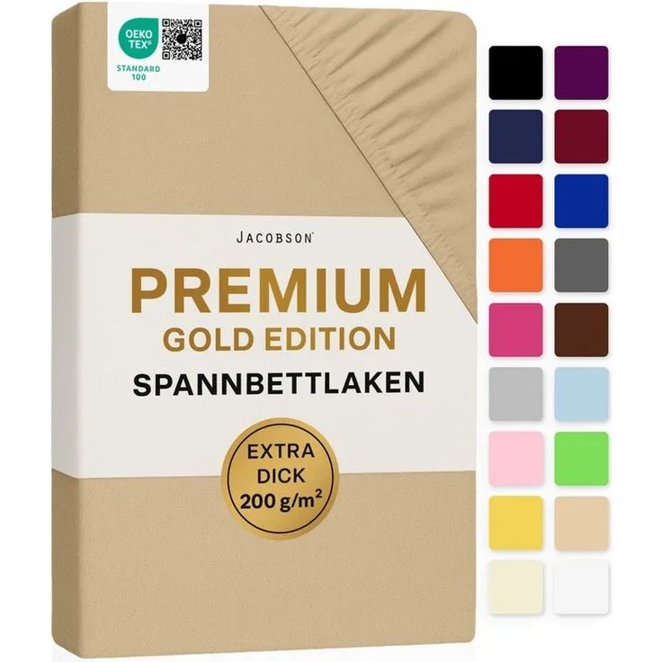 Jacobson Spannbettlaken PREMIUM 200 g/m² Jersey aus 97% Baumwolle & 3% Elasthan, Extra dichtes Bettlaken mit maximalem Halt