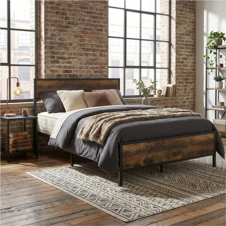 PFCTART Metallbett Bettgestell 140x200 Vintage, Stahl & MDF, Holzoptik für Betten (Set, 1-tlg, Industriedesign, wasser- & kratzfest, betten, bettrahmen & lattenroste), 360 kg Tragkraft, 90 cm Kopfteil, 27 cm Bodenfreiheit, schwarz