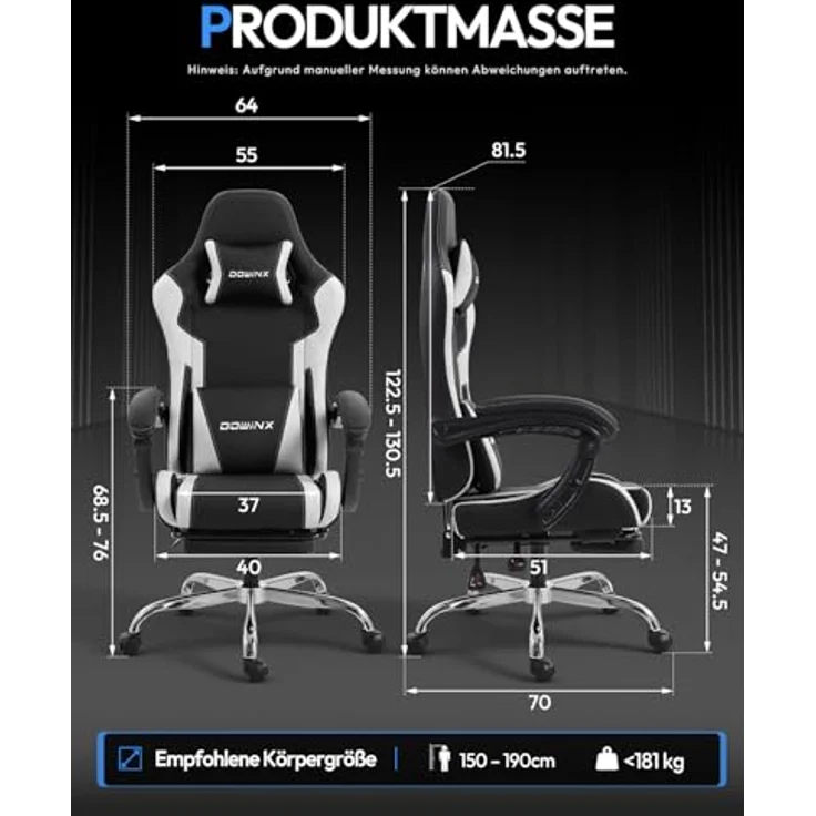 Dowinx Gaming Stuhl Bürostuhl Massage Gaming Sessel mit höhenverstellbaren Linkage-Armlehnen, ergonomischer Gamer Stuhl mit Fußstütze, gepolstert Gaming Chair 150° neigbar bis 180 kg, Weiß – Bild 4
