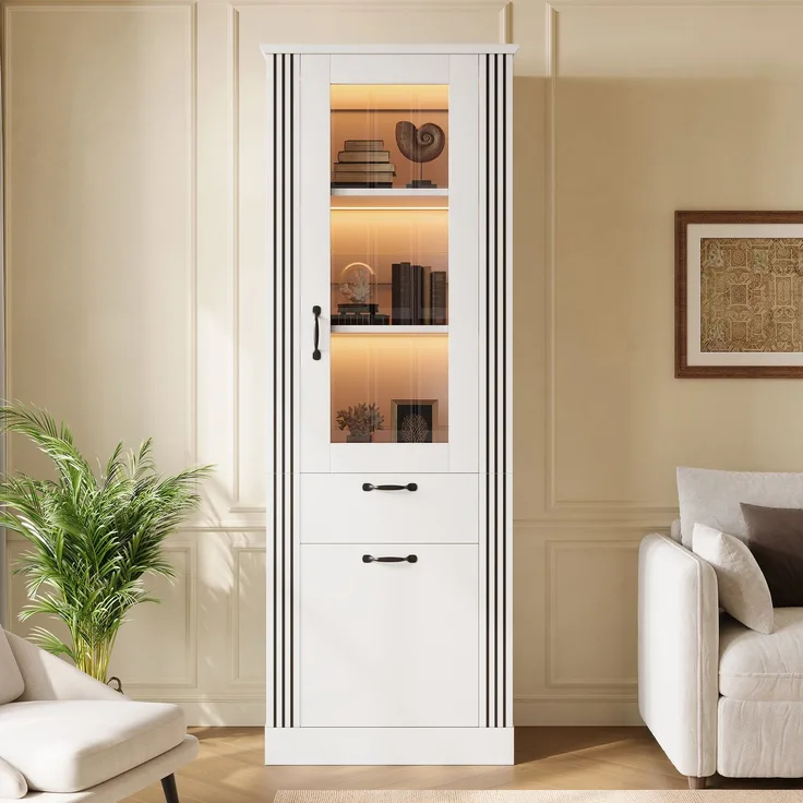 Vitrinenschrank mit Spiegeltür, App-gesteuerter LED-Beleuchtung, Schublade und Stauraum, Vitrinenschrank mit Ablagefächern, PB-Korpus, Aluminiumgriffe