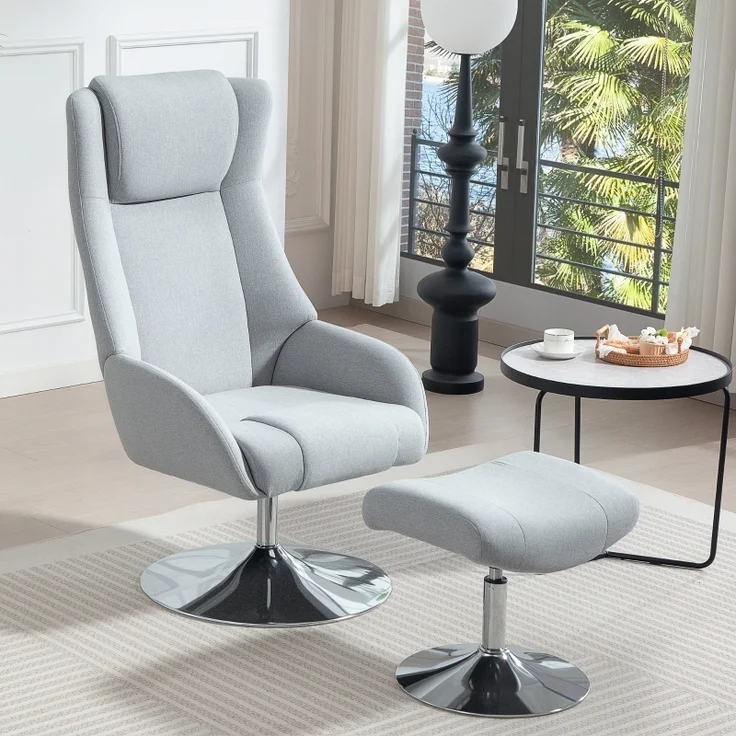 Relaxsessel Set mit Fußhocker und Kopfteil, 360° drehbarer Fernsehsessel mit Leinenstoff Bezug, elektroplattiert, 118 x 68 x 84 cm, Grau – Bild 1