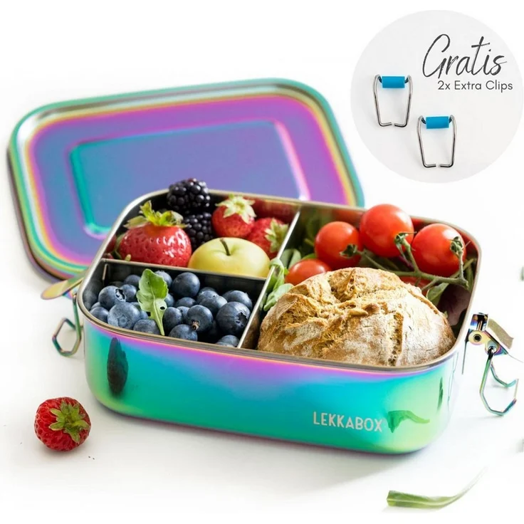LEKKABOX Lunchbox Kinder Edelstahl Brotdose 1000ml - 3 Fächer auslaufsicher Bentobox, (1 Edelstahldose mit Deckel, 2 zusätzliche Clips mit Silikonschutz), Auslaufsicher dank Dichtung, mit 3 Fächern für trockene Lebensmittel – Bild 1
