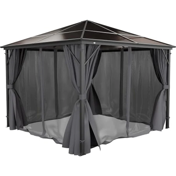GARMIO Pavillon Rom, 3x3m, schwarze Überdachung mit Vorhang und Mückennetz, Metallgestell, wasserdicht, UV-Schutz, 2,7m Höhe, Polycarbonat Platten – Bild 8
