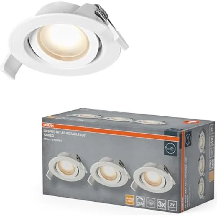 Osram Spot Set LED Einbaustrahler DIM 4,9W 120° Weiß, 3er Set Deckenspot dimmbar Phasenabschnitt, warmweiß IP20 – Bild 1