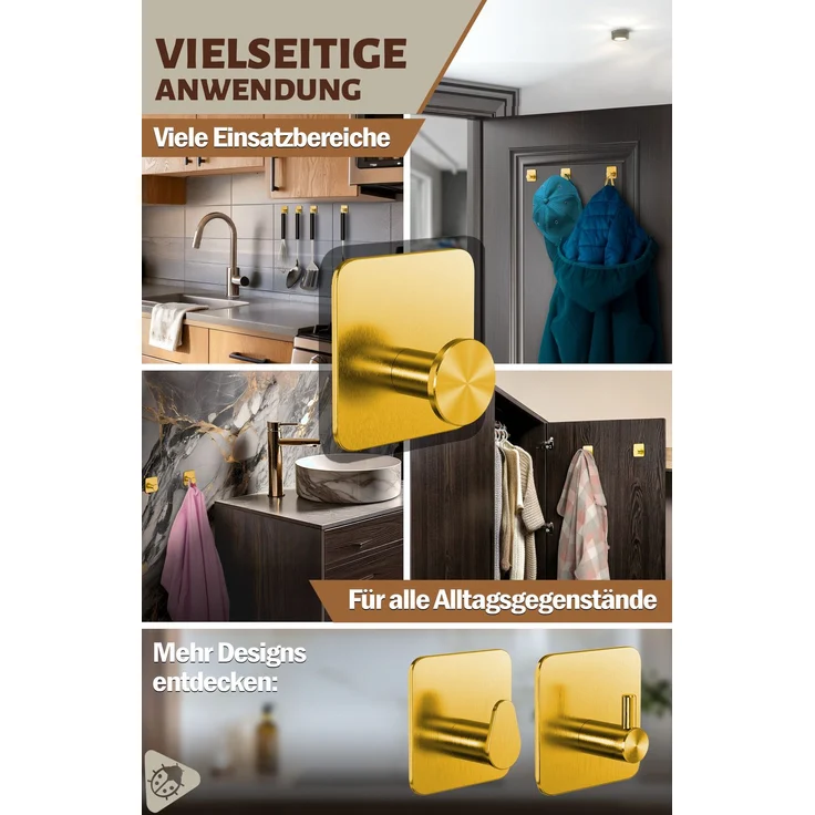 Lindenstein Wandhaken 6er-Set Gold – Edelstahl V2A, 3M-Pads, ohne Bohren – Bild 6