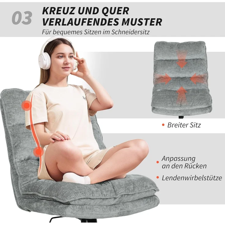 HOMCOM Bürostuhl mit breiterem doppelschichtigem Polster, Wippfunktion (gepolsterter Schreibtischstuhl ohne Armlehnen, 1 St), für Home Office Büro, Grau – Bild 6