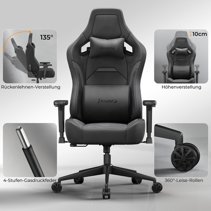 Gaming-Stuhl mit luxuriösem Wildlederimitat – ergonomisch, großzügige Sitzfläche, verstellbare Rückenlehne 90°–135°, 3D-Armlehnen,Schwarz – Bild 6