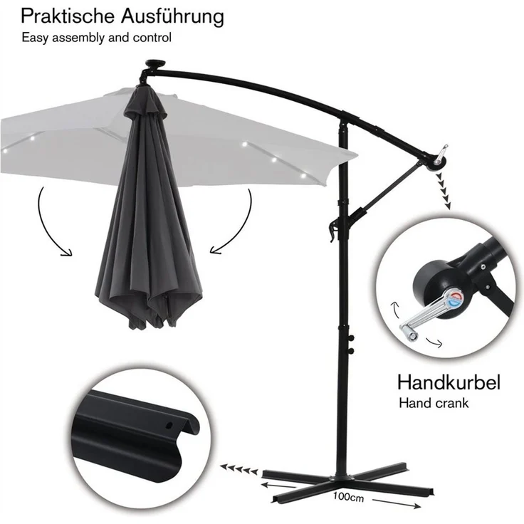 Feel2Home Sonnenschirm Sonnenschirm Kurbelschirm Ø350 Ampelschirm LED Balkon grau u. beige, LxB: 350,00x300 cm, Kein Set, Premium-Sonnenschirm, LED-Beleuchtung – Bild 4
