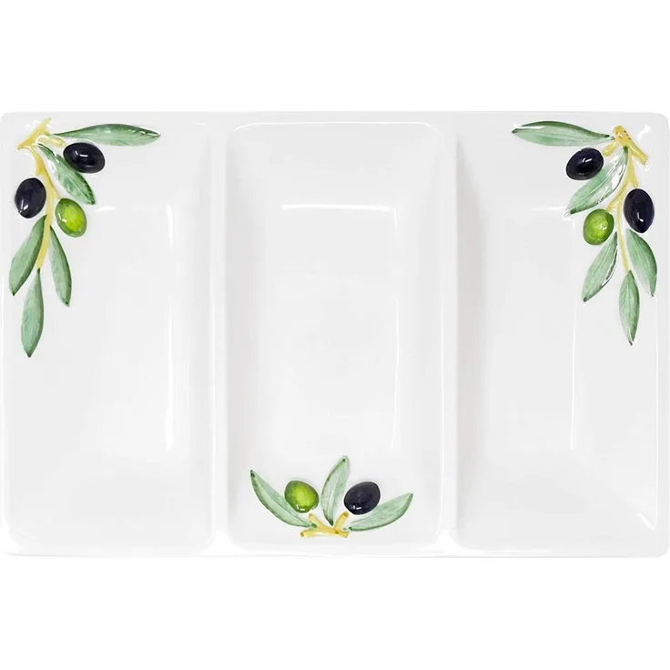 Lashuma Servierteller Olive, Keramik, (1-tlg, 31 x 21 cm), Dreigeteilter Partyteller eckig für Snacks