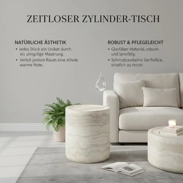 NJLyuhome Couchtisch Zylindrischer Beistelltisch & Wohnzimmertisch, 40 x 40 x 45,5 cm (1-St), Wunderschöner Travertin-Look aus strapazierfähigem Glasfaserbeton – Bild 4