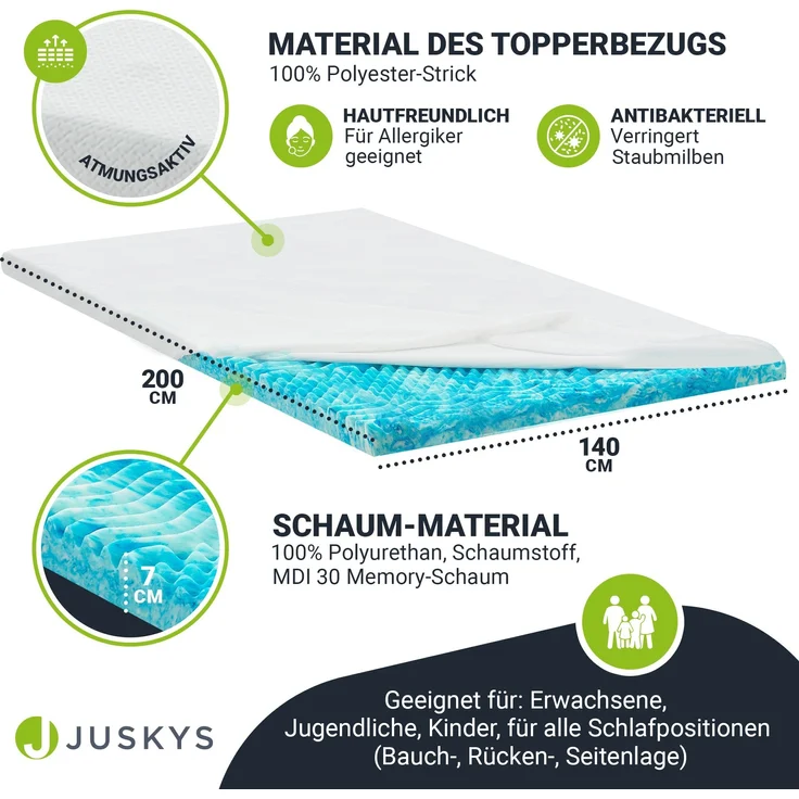 Juskys orthopädischer Topper 140 x 200 cm – 7 Zonen Matratzenschoner aus Memoryschaum – Matratzenauflage 7 cm dick H2 bis H3 für Boxspringbett – Bild 7