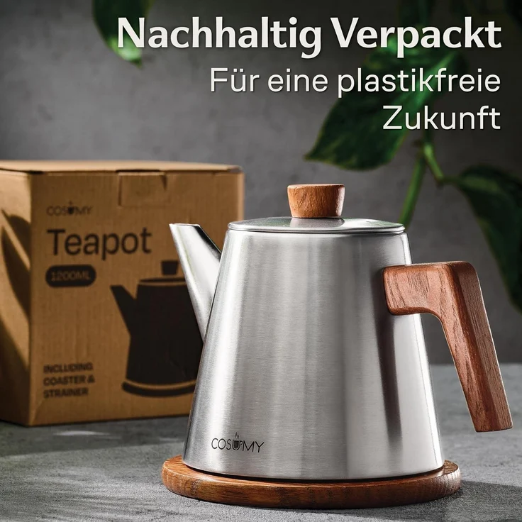 Cosumy Teekanne mit Siebeinsatz und Untersetzer - Edelstahl & FSC Holz - Induktion, 1,2 l, (Set, 1-St, Teekanne mit Siebeinsatz und Untersetzer), Kanne mit Sieb für Tee - Induktion - Tropffrei - Hält lange warm – Bild 7
