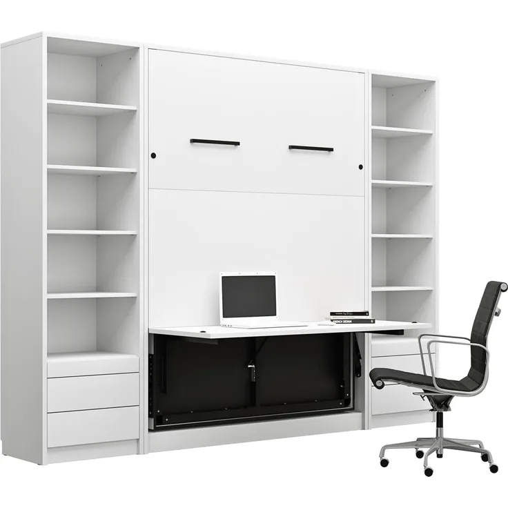 QMM TraumMöbel Schrankbett Wandbett GN 140x200 mit LED, Schreibtisch & 2 Regalen vertikal